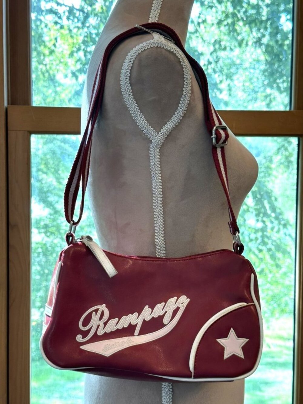 Rampage Red Faux Leather Y2K Shoulder Bag White Embroidered Logo Star Purse
